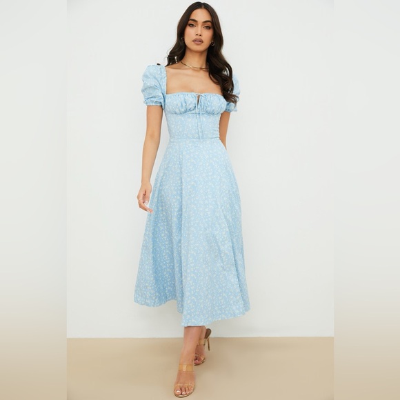 HOUSE OF CB TALLULAH BLUE IVORY FLORAL PUFF SLEEVE MIDI DRESS - Picture 3 of 8